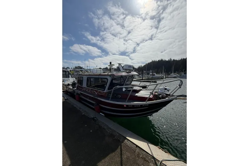 Slide: The Image of 2017 Weldcraft 260 Cuddy King boat docked at a marina under a cloudy sky. - 10