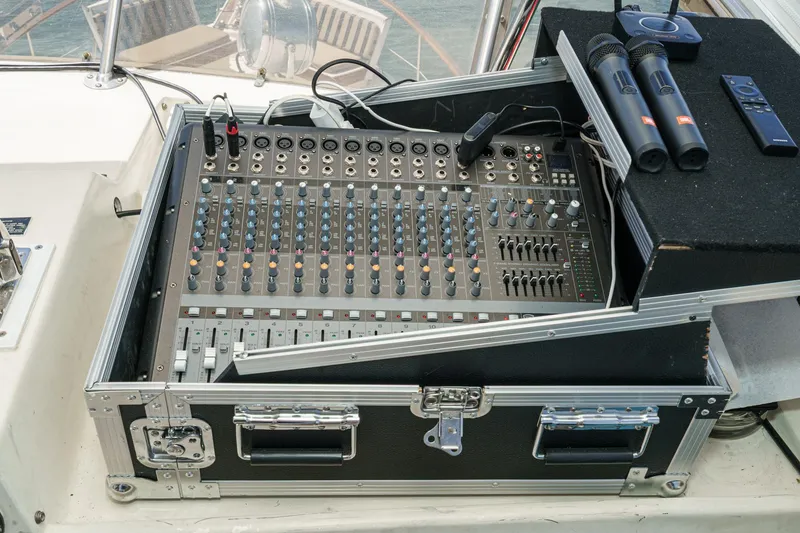 Slide: The Image of Audio mixer setup on 1979 Hatteras 58 Motor Yacht with microphones and remote control. - 27