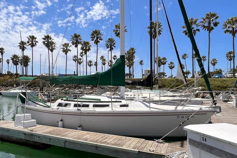 The Image of 1984 Catalina 30 sailboat docked at marina with palm trees and blue sky. - 0