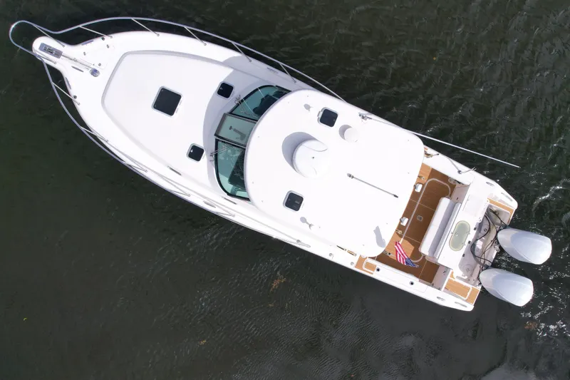 Slide: The Image of Aerial view of 2008 Pursuit OS 335 Offshore boat on water. - 44