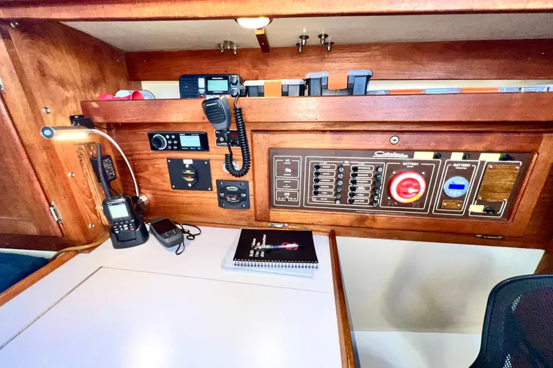 Slide: The Image of Control panel of a 1985 Catalina 36 sailboat with communication devices and navigation tools. - 43