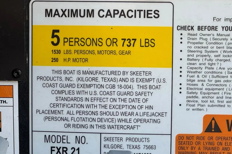 Slide: The Image of 2024 Skeeter FXR21 Apex boat capacity label, maximum 5 persons or 737 lbs, 250 HP motor. - 38