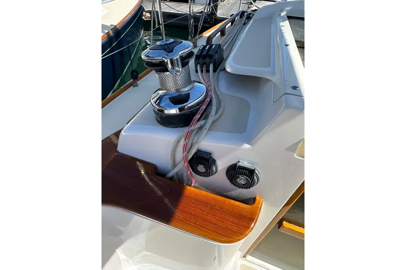 Slide: The Image of Close-up of 2011 Alerion Sport 33 sailboat winch and ropes on deck. - 11