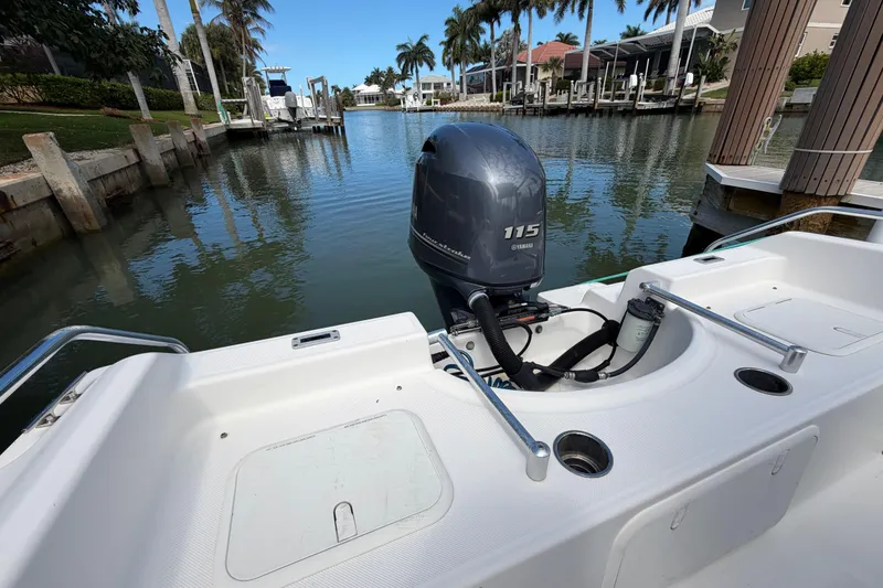 Slide: The Image of 2017 Release 196 RX boat with Yamaha 115 engine docked in a scenic canal. - 12