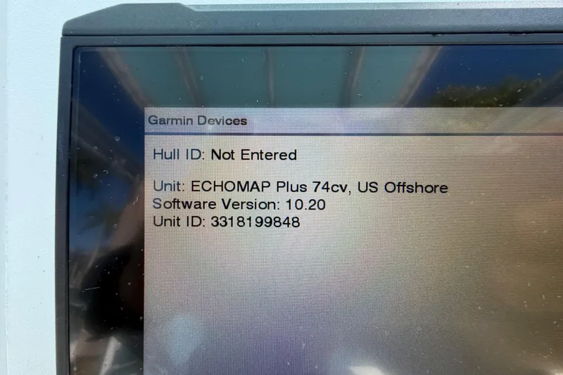 Slide: The Image of Garmin device display showing ECHOMAP Plus 74cv details on Release 196 RX, 2017 model. - 25