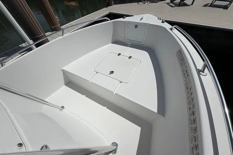 Slide: The Image of 2017 Release 196 RX boat interior with storage compartment, docked by wooden posts. - 38