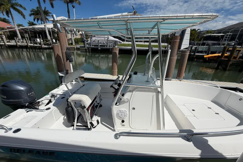 Slide: The Image of 2017 Release 196 RX boat docked, featuring a Yamaha 115 engine and T-top canopy. - 45