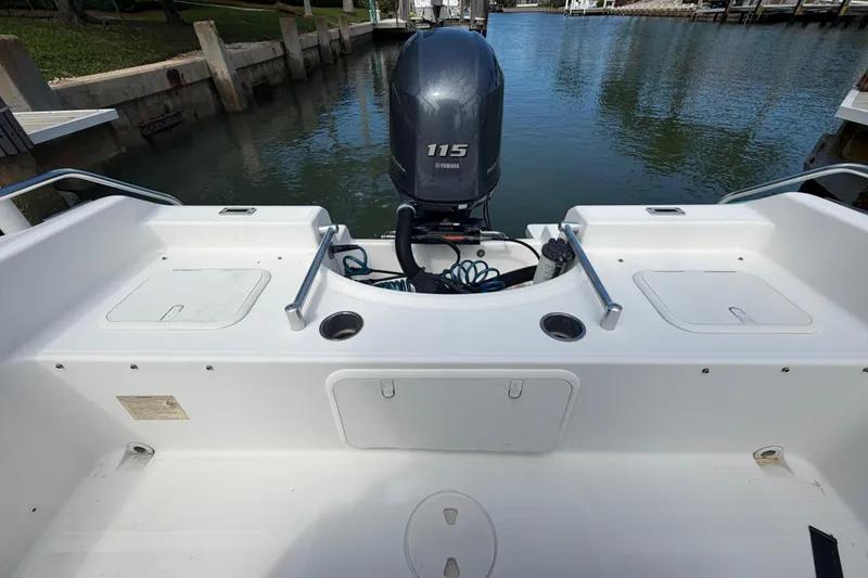 Slide: The Image of 2017 Release 196 RX boat with Yamaha 115 engine, docked by a calm waterfront. - 9