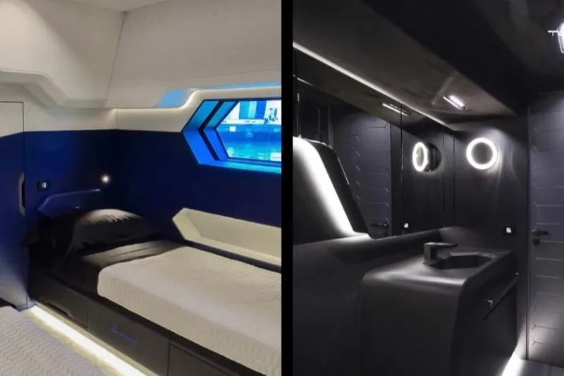 Slide: The Image of Luxurious Tecnomar LY63 2026 yacht interior featuring modern bedroom and sleek bathroom design. - 9