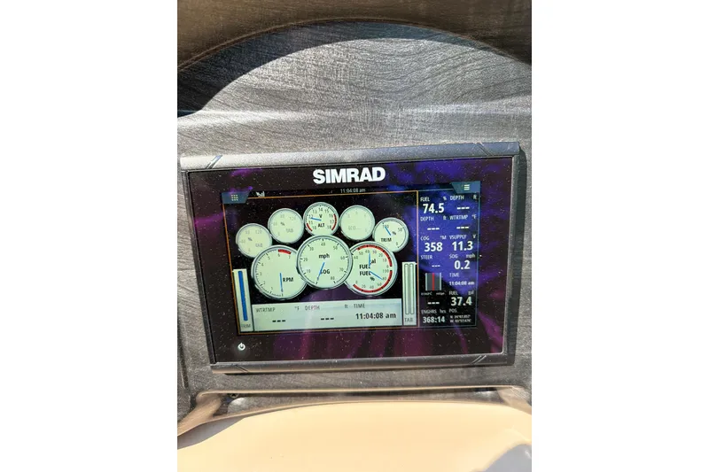 Slide: The Image of Simrad display on 2019 Bentley Pontoons 250/253 Elite Admiral dashboard showing gauges and metrics. - 10