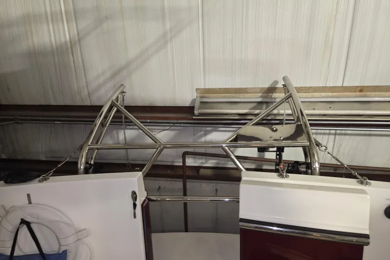Slide: The Image of Stainless steel framework on a 2006 American Tug 34 Pilothouse Trawler in storage. - 47