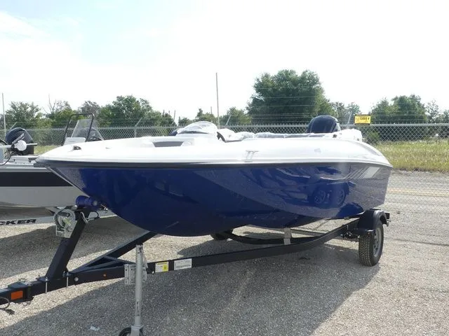 The Image of 2026 Bayliner Element E16 boat on trailer, blue and white design. - 1