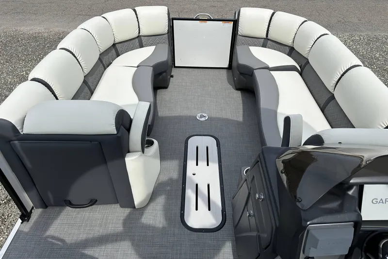 Slide: The Image of 2024 Veranda VP25RCT pontoon boat interior with plush seating and modern design. - 8