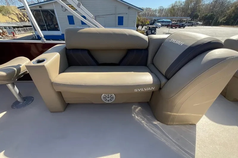 Slide: The Image of 2021 Sylvan Mirage Fish 820 Party Fish boat seating with cup holder and speaker. - 19