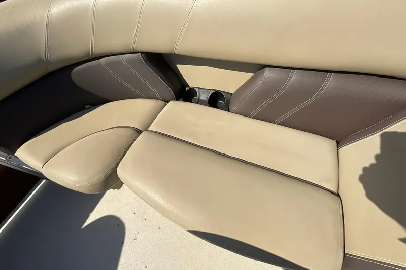 Slide: The Image of 2021 Sylvan Mirage Fish 820 Party Fish boat seating with beige and brown upholstery. - 20