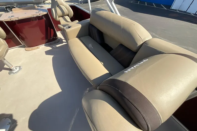 Slide: The Image of 2021 Sylvan Mirage Fish 820 Party Fish boat with beige seating and table. - 22