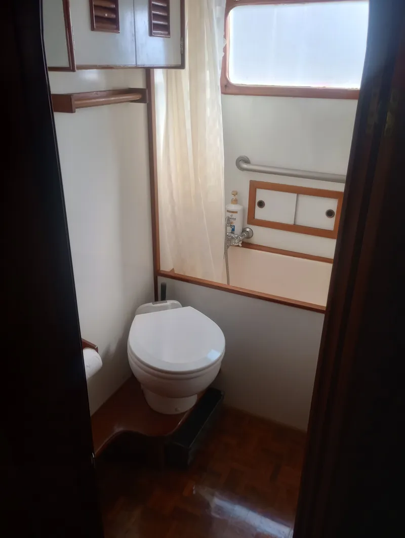 Slide: The Image of Marine Trading 44 Double Cabin 1981 bathroom with toilet and shower. - 41