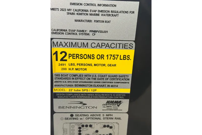 Slide: The Image of 2024 Bennington 24 L Swingback capacity label: 12 persons or 1757 lbs, 200 HP motor. - 25