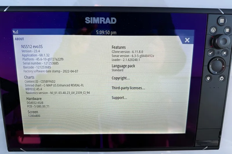 Slide: The Image of Simrad NSS12 evo3S display on 2025 Caymas 281 HB boat, showing system information. - 43