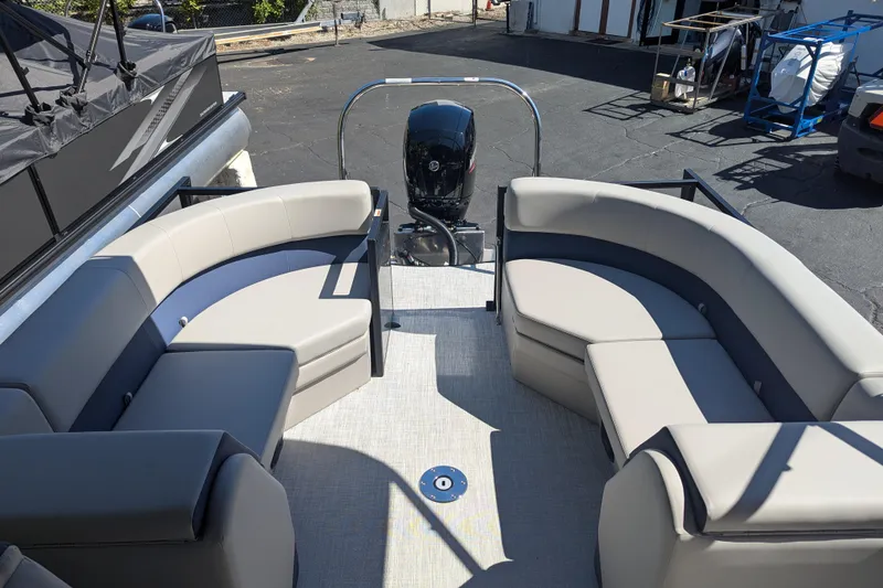 Slide: The Image of Luxurious Dockside 22DQ2.75 pontoon boat interior, 2026 model, featuring spacious seating and modern design. - 9