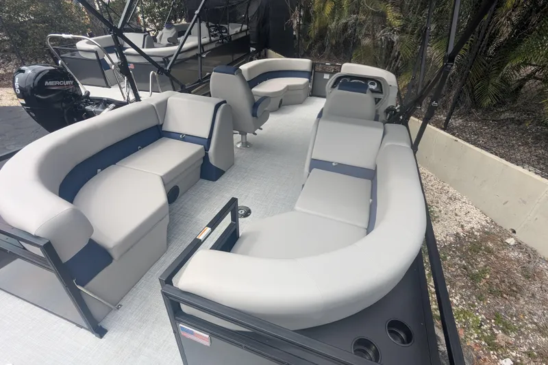 Slide: The Image of Modern Dockside 22DQ2.75 pontoon boat interior with spacious seating, 2026 model. - 9