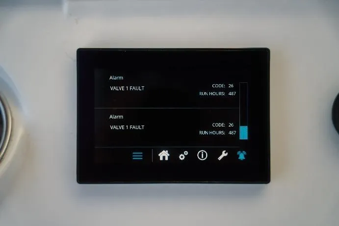 Slide: The Image of Display screen showing valve fault alarm on 2019 HCB 42 Siesta boat. - 12