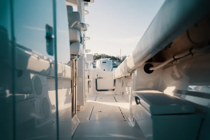 Slide: The Image of 2019 HCB 42 Siesta boat interior with sleek design and modern features. - 8