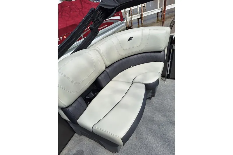 Slide: The Image of Luxurious seating on a 2022 Starcraft SLS 1 DL boat, featuring elegant upholstery. - 12