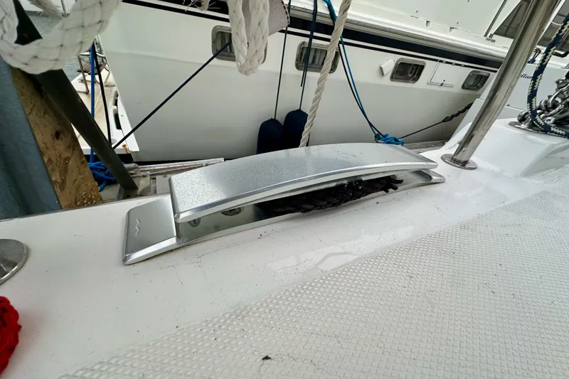 Slide: The Image of Bavaria C50 yacht deck detail, featuring cleat and ropes, 2020 model. - 34
