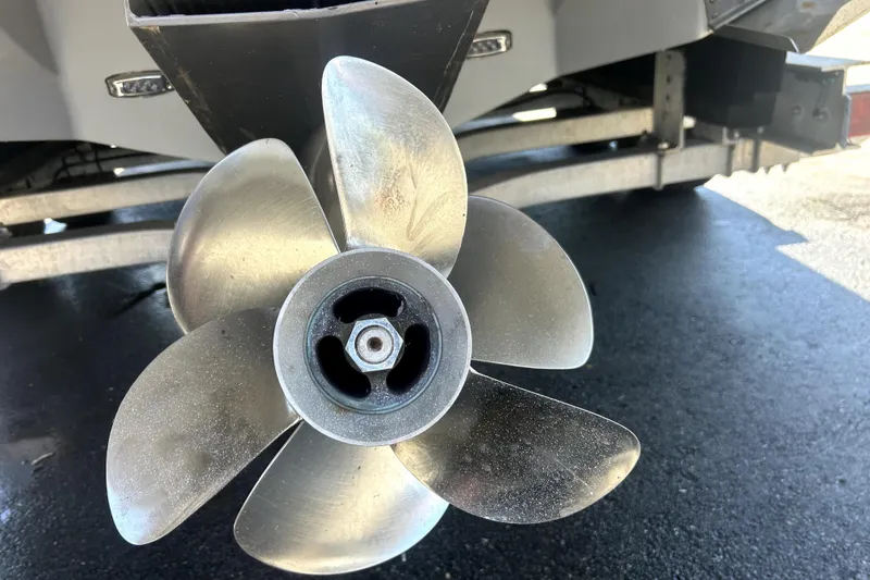 Slide: The Image of Close-up of a 2021 Regal 26 FasDeck boat propeller on a trailer. - 15