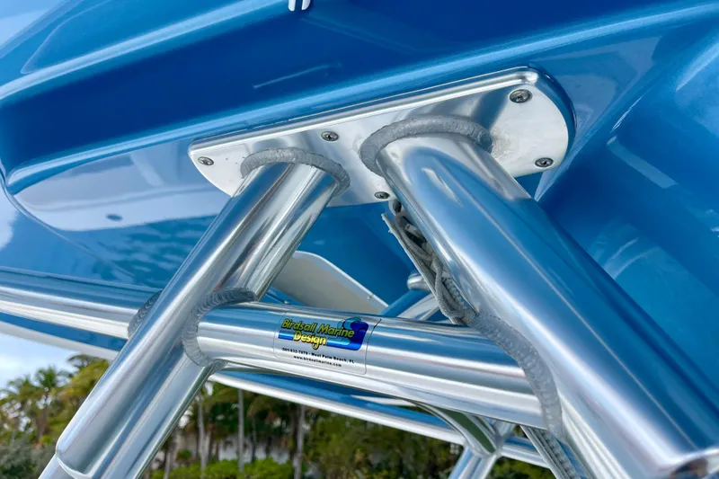 Slide: The Image of Stainless steel frame on a 2016 Bahama 41 boat with blue hull. - 16