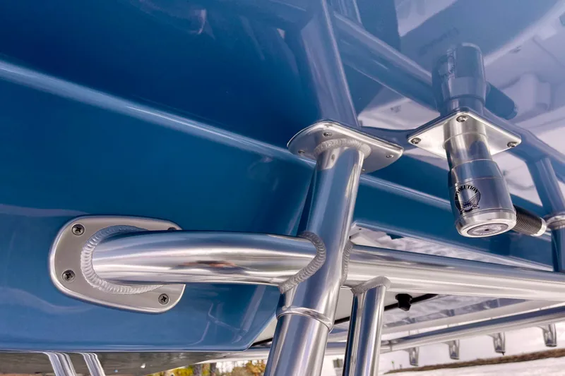 Slide: The Image of Close-up of stainless steel fittings on a 2016 Bahama 41 boat, showcasing sleek design. - 17