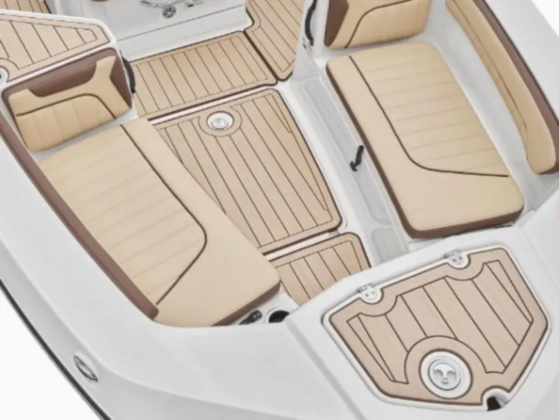Slide: The Image of Interior of 2022 Yamaha Boats 210 FSH Sport with beige seating. - 4