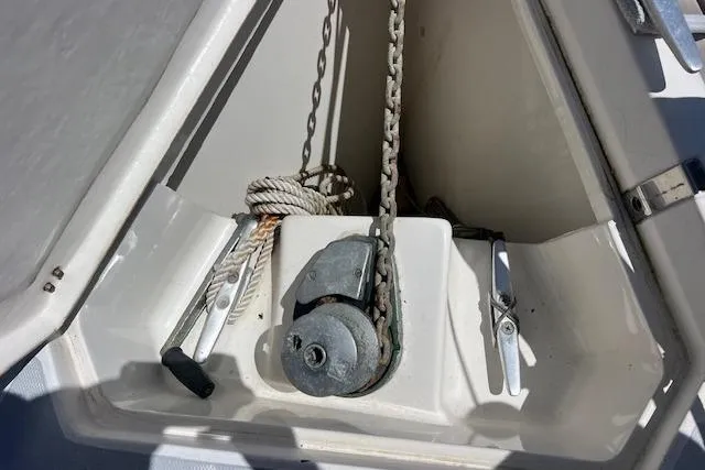 Slide: The Image of Anchor locker of a 1997 Hunter 430 sailboat with chain and rope. - 47