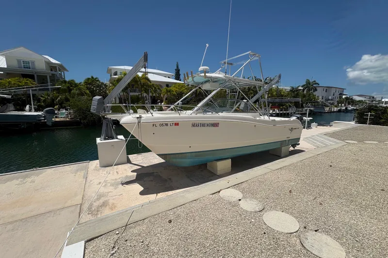 The Image of 2002 World Cat 246 DC boat on a dock, sunny day, waterfront homes in background. - 1