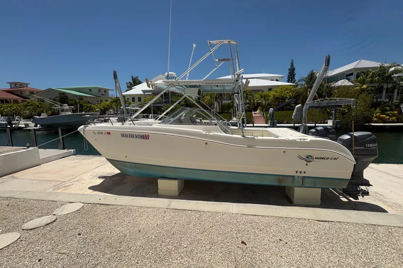 Slide: The Image of 2002 World Cat 246 DC boat on a dock, sunny day, waterfront homes in background. - 3