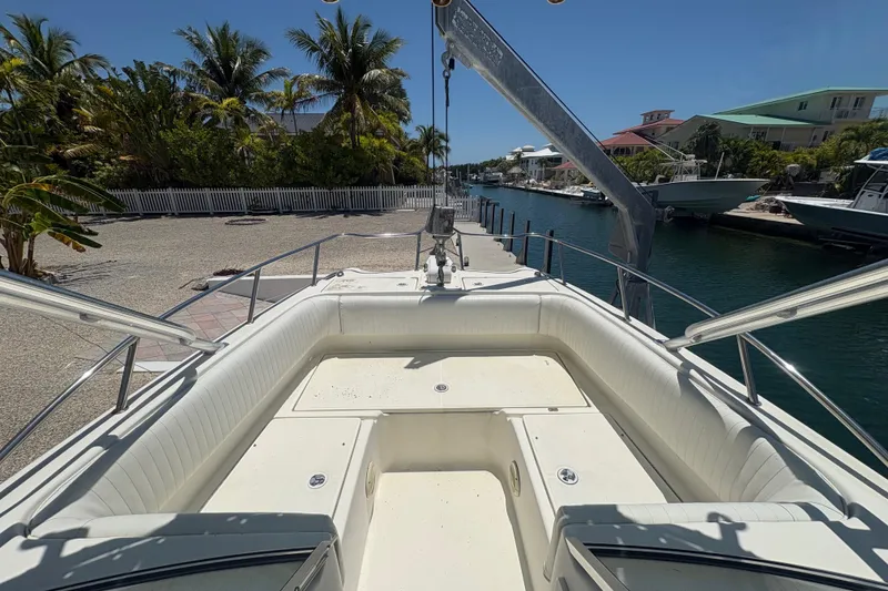 Slide: The Image of 2002 World Cat 246 DC boat docked by a canal with palm trees. - 9