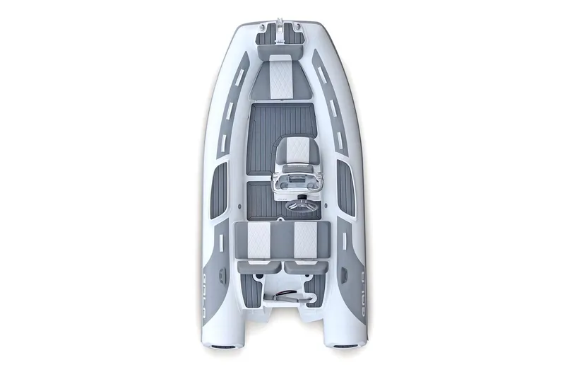 Slide: The Image of Top view of 2027 Gala V360 inflatable boat with gray and white seating. - 10