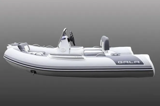 Slide: The Image of 2027 Gala V360 inflatable boat, sleek design, side view, gray background. - 8