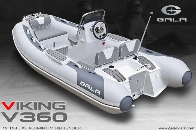 Slide: The Image of 12' Gala Viking V360 deluxe aluminum RIB tender, 2027 model, sleek design, gray and white color scheme. - 9