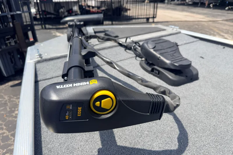 Slide: The Image of Minn Kota trolling motor on 2019 Bass Tracker III Classic boat deck. - 20