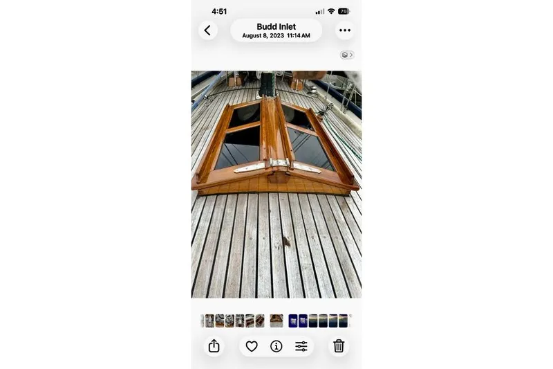 Slide: The Image of Wooden deck of 1981 Ta-Shing Panda 40 sailboat at Budd Inlet, August 2023. - 12
