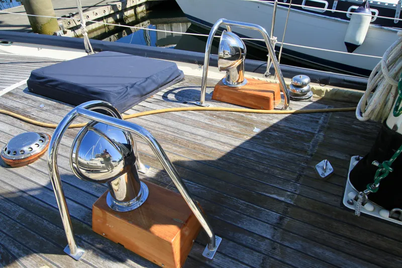 Slide: The Image of Deck of 1981 Ta-Shing Panda 40 sailboat with polished metal fittings. - 24
