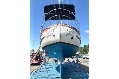 Slide: The Image of 1981 Ta-Shing Panda 40 sailboat on dry dock, blue sky background. - 75