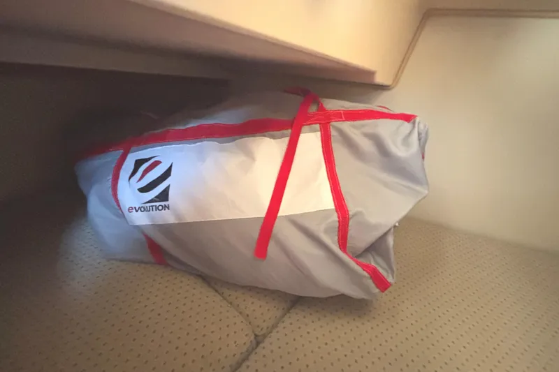 Slide: The Image of Bag with red straps in Island Packet 380 sailboat cabin, 2002 model. - 35