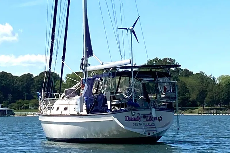 Slide: The Image of Sailboat Island Packet 380, 2002 model, anchored on a sunny day with lush greenery. - 4