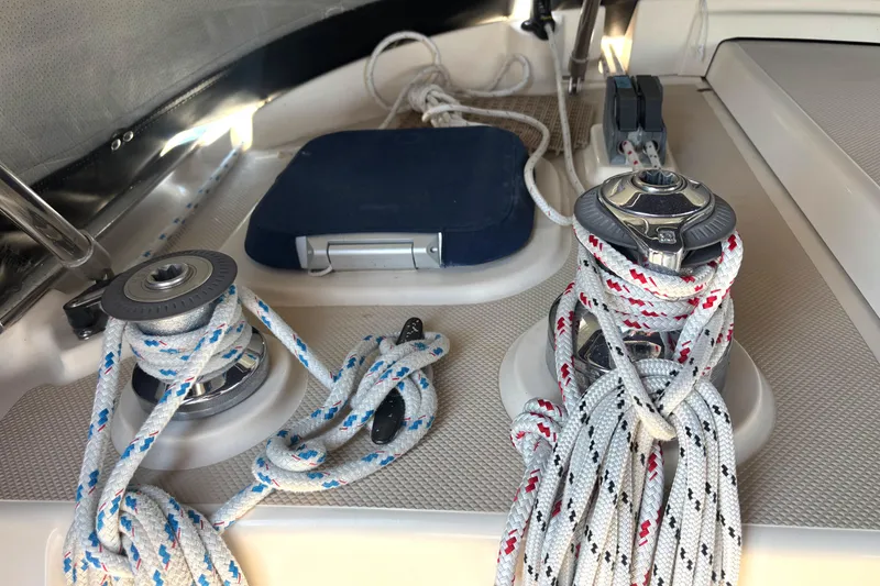 Slide: The Image of Winches and ropes on a 2002 Island Packet 380 sailboat deck. - 50
