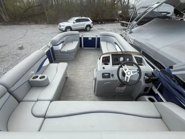Slide: The Image of Interior view of a 2021 Bennington 168 SLV pontoon boat with gray seating. - 3