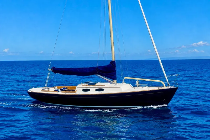 The Image of Alerion Express 28 sailboat from 2003 on open blue sea under clear sky. - 0