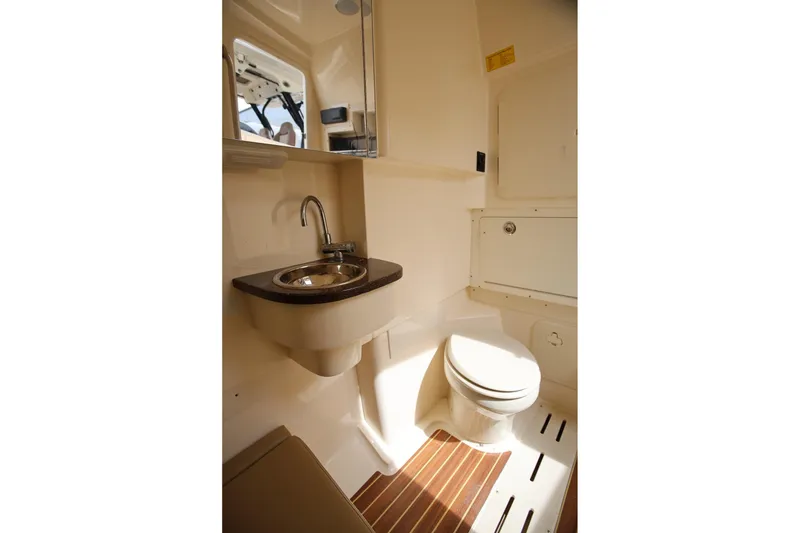 Slide: The Image of 2018 Scout 300 LXF boat interior with sink and toilet, featuring modern amenities. - 29
